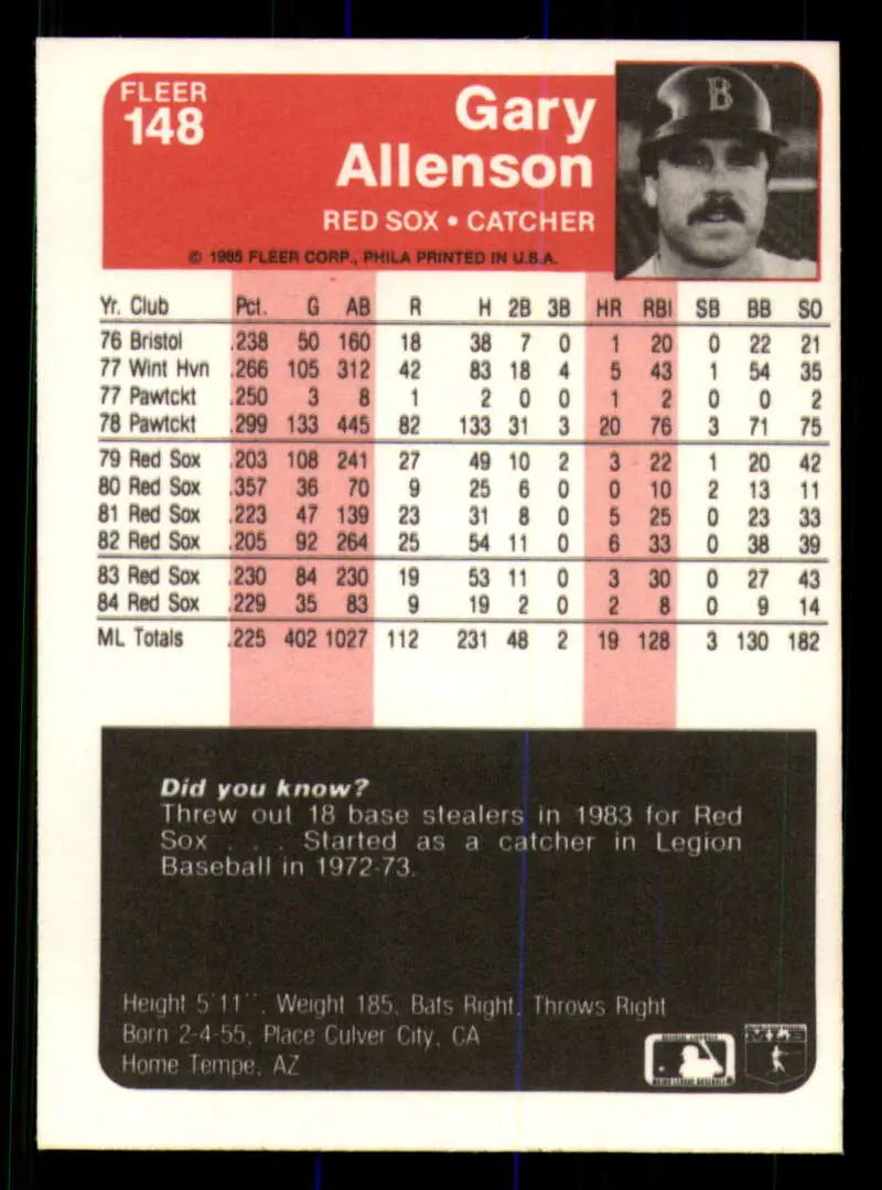 1985 Fleer #148 Gary Allenson EX Excellent Boston Red Sox Baseball Card - Baseball Card Single