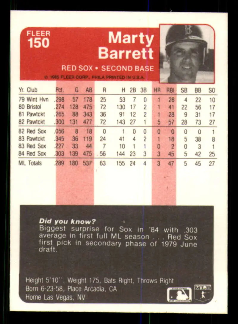 1985 Fleer #150 Marty Barrett EX Excellent Boston Red Sox Baseball Card - Baseball Card Single