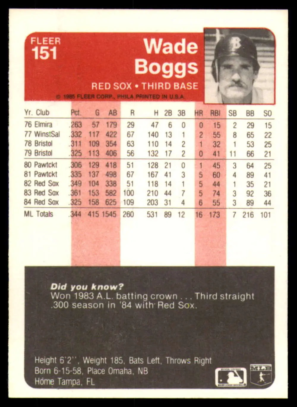 1985 Fleer #151 Wade Boggs EX Excellent Boston Red Sox Baseball Card - Baseball Card Single