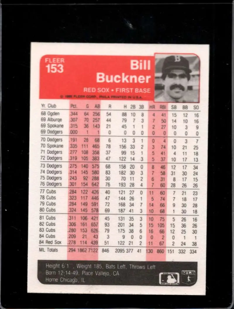 1985 Fleer #153 Bill Buckner EX Excellent Boston Red Sox Baseball Card - Baseball Card Single