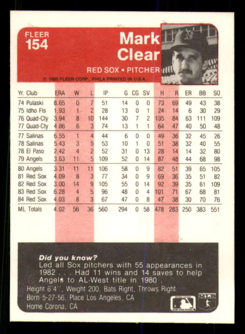 1985 Fleer #154 Mark Clear EX Excellent Boston Red Sox Baseball Card - Baseball Card Single