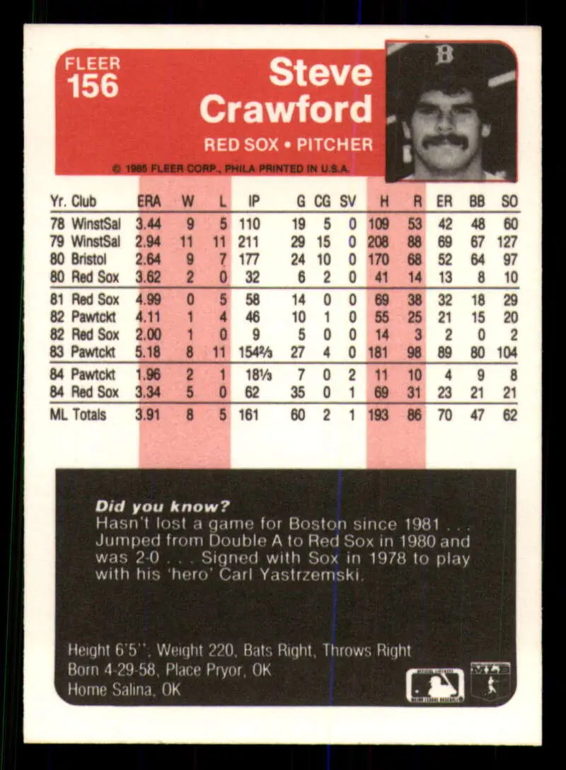 1985 Fleer #156 Steve Crawford EX Excellent Boston Red Sox Baseball Card - Baseball Card Single