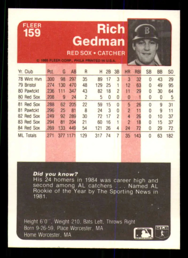 1985 Fleer #159 Rich Gedman EX Excellent Boston Red Sox Baseball Card - Baseball Card Single