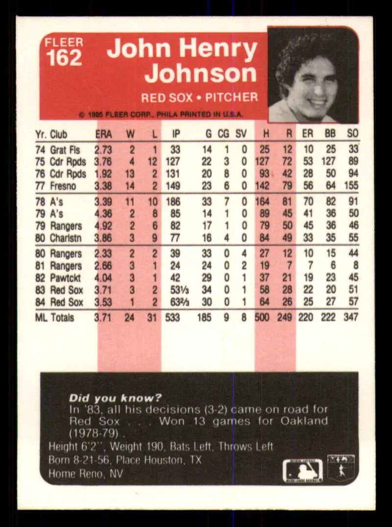 1985 Fleer #162 John Henry Johnson EX Excellent Boston Red Sox Baseball Card - Baseball Card Single