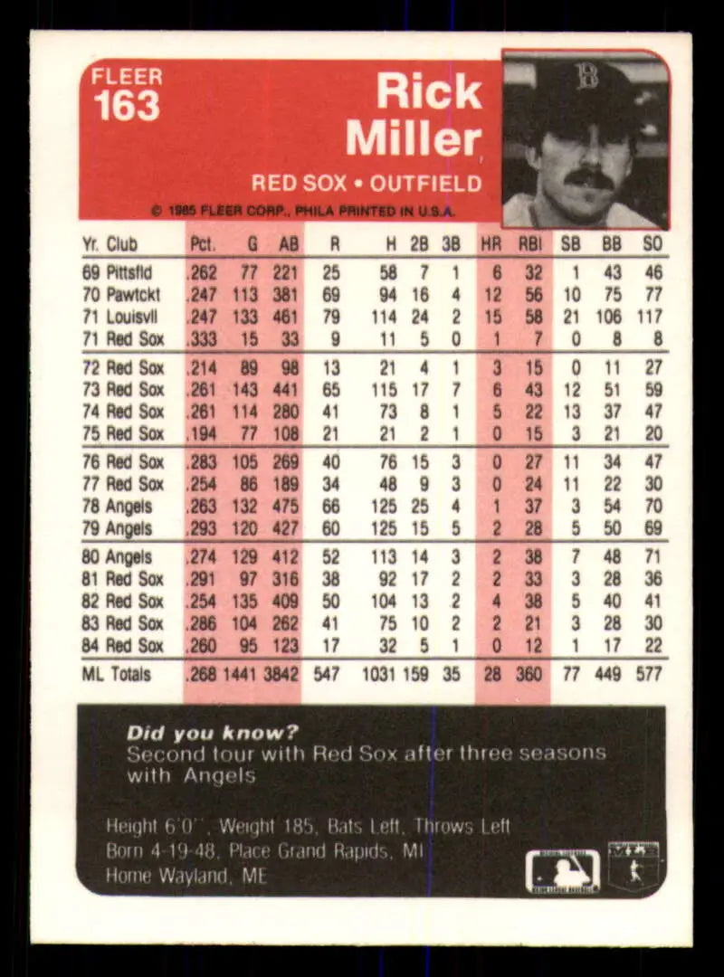 1985 Fleer #163 Rick Miller EX Excellent Boston Red Sox Baseball Card - Baseball Card Single