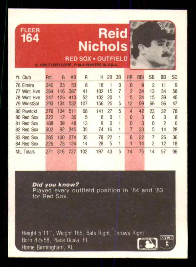 1985 Fleer #164 Reid Nichols EX Excellent Boston Red Sox Baseball Card - Baseball Card Single