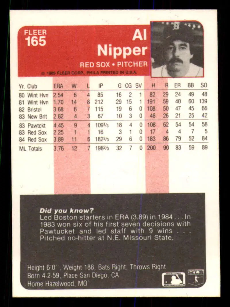 1985 Fleer #165 Al Nipper EX Excellent RC Rookie Boston Red Sox Baseball Card - Baseball Card Single