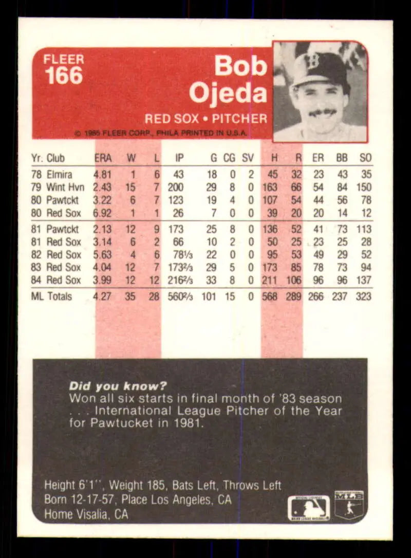 1985 Fleer #166 Bob Ojeda EX Excellent Boston Red Sox Baseball Card - Baseball Card Single