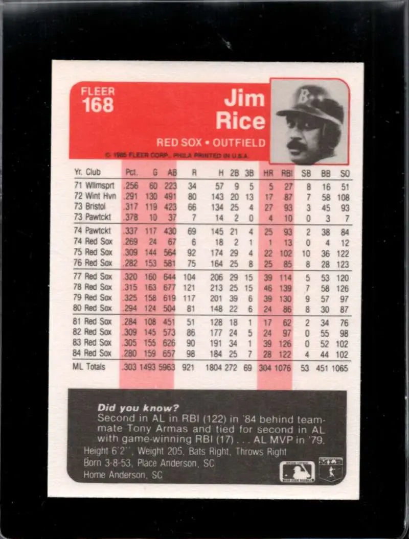 1985 Fleer #168 Jim Rice EX Excellent Boston Red Sox Baseball Card - Baseball Card Single