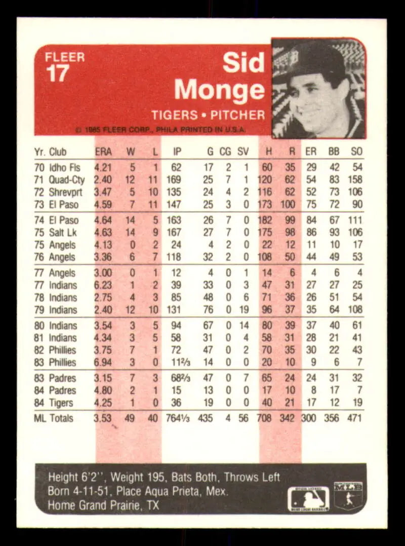 1985 Fleer #17 Sid Monge EX Excellent Detroit Tigers Baseball Card - Baseball Card Single