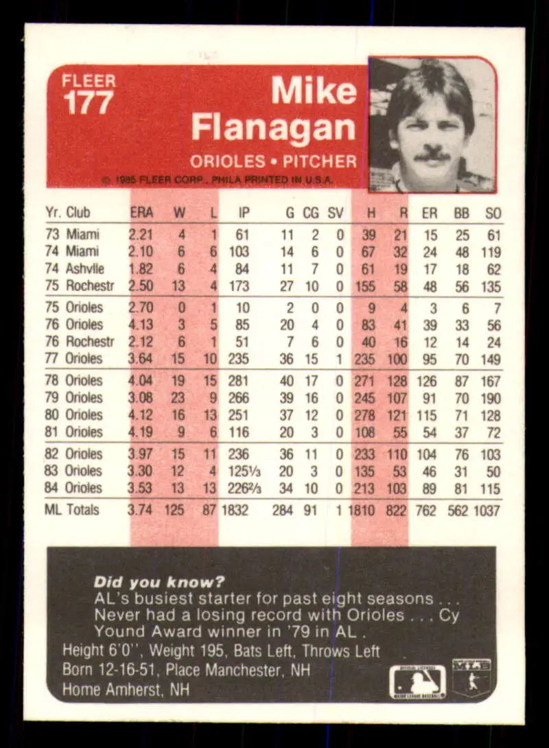 1985 Fleer #177 Mike Flanagan EX Excellent Baltimore Orioles Baseball Card - Baseball Card Single
