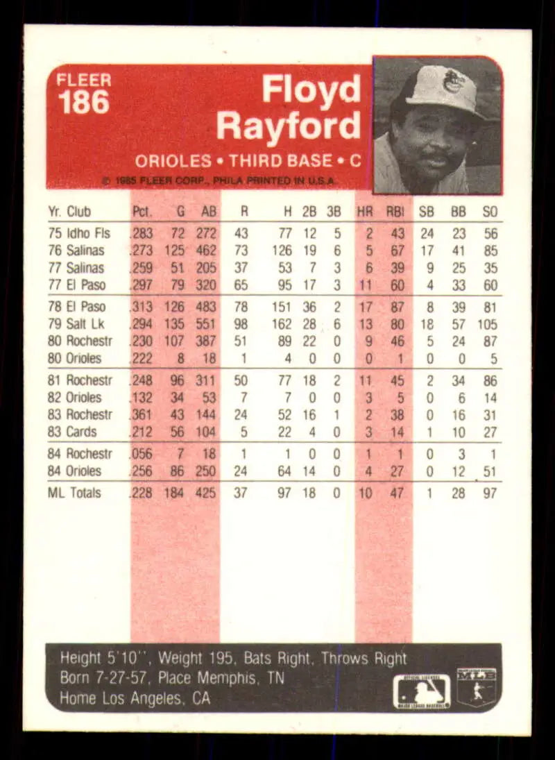 1985 Fleer #186 Floyd Rayford EX Excellent Baltimore Orioles Baseball Card - Baseball Card Single
