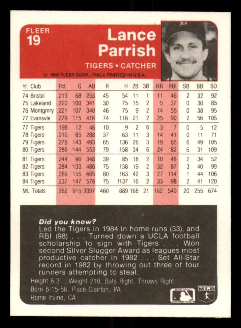 1985 Fleer #19 Lance Parrish EX Excellent Detroit Tigers Baseball Card - Baseball Card Single
