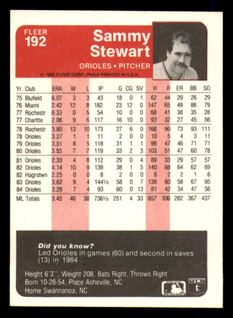1985 Fleer #192 Sammy Stewart EX Excellent Baltimore Orioles Baseball Card - Baseball Card Single