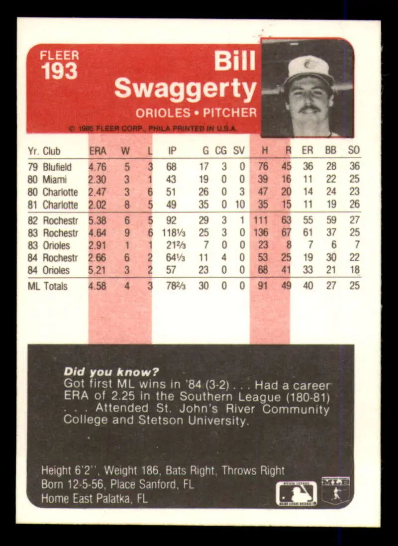 1985 Fleer #193 Bill Swaggerty EX Excellent Baltimore Orioles Baseball Card - Baseball Card Single