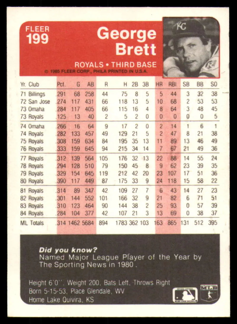 1985 Fleer #199 George Brett EX Excellent Kansas City Royals Baseball Card - Baseball Card Single