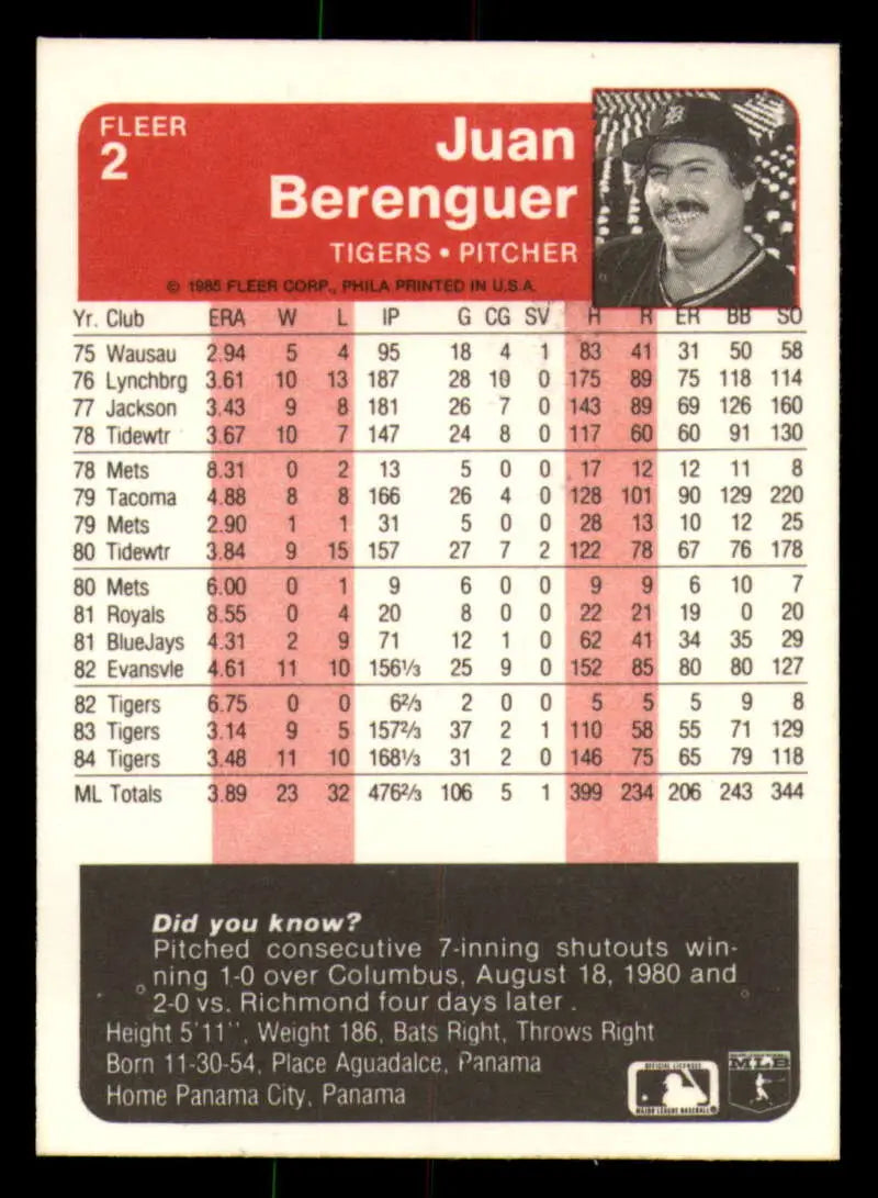 1985 Fleer #2 Juan Berenguer EX Excellent Detroit Tigers Baseball Card - Baseball Card Single