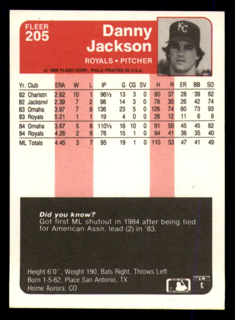 1985 Fleer #205 Danny Jackson EX Excellent Kansas City Royals Baseball Card - Baseball Card Single
