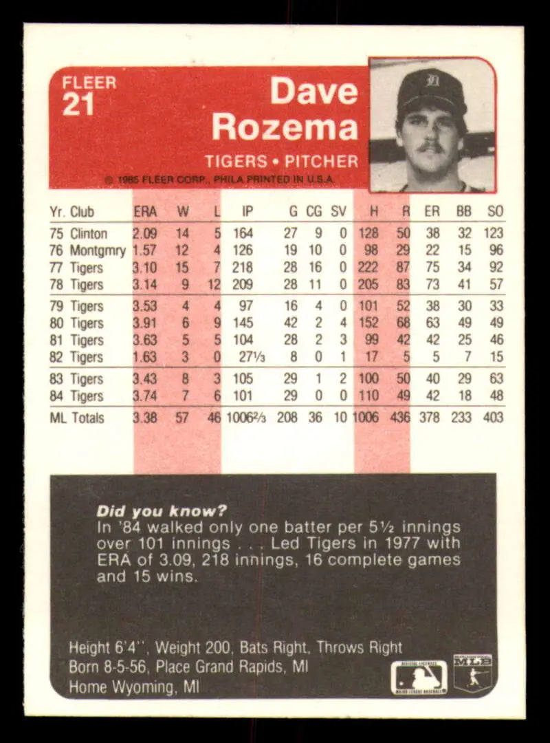 1985 Fleer #21 Dave Rozema EX Excellent Detroit Tigers Baseball Card - Baseball Card Single
