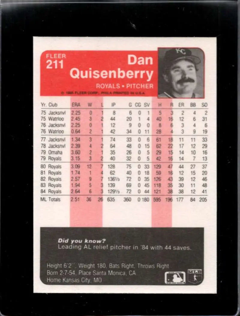 1985 Fleer #211 Dan Quisenberry EX Excellent Kansas City Royals Baseball Card - Baseball Card Single