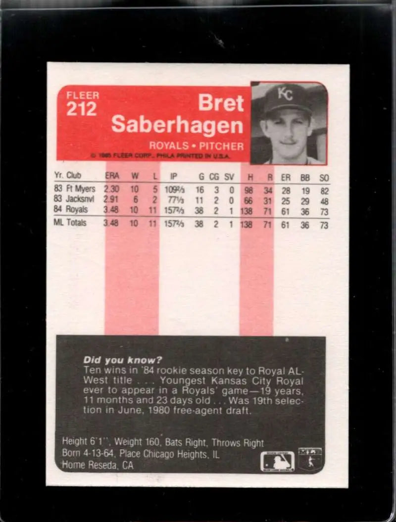 1985 Fleer #212 Bret Saberhagen EX Excellent RC Rookie Kansas City Royals Baseball Card - Baseball Card Single
