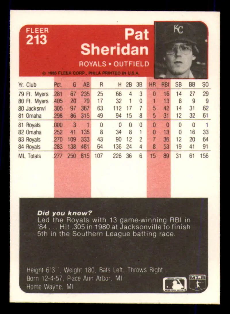 1985 Fleer #213 Pat Sheridan EX Excellent Kansas City Royals Baseball Card - Baseball Card Single