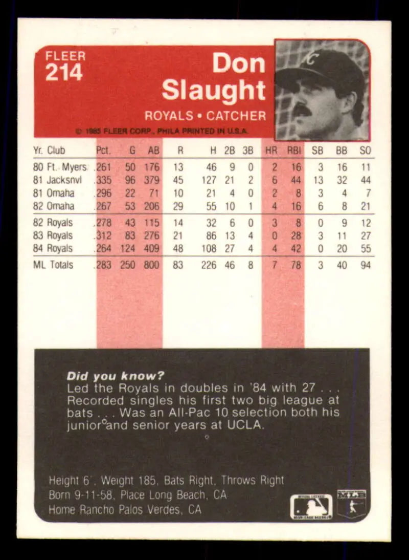 1985 Fleer #214 Don Slaught EX Excellent Kansas City Royals Baseball Card - Baseball Card Single