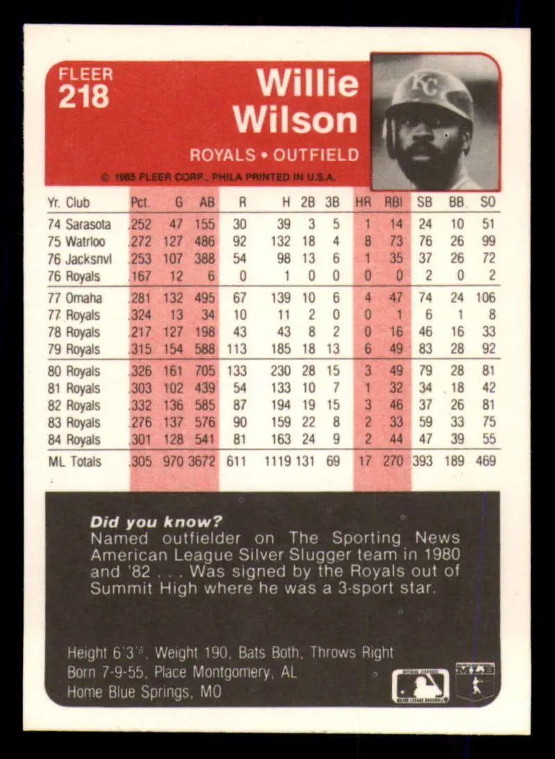 1985 Fleer #218 Willie Wilson EX Excellent Kansas City Royals Baseball Card
