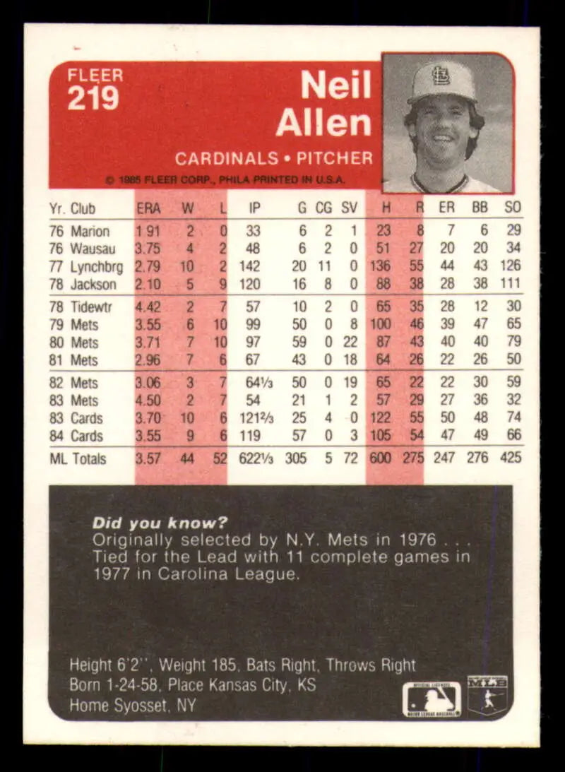 1985 Fleer #219 Neil Allen EX Excellent St. Louis Cardinals Baseball Card - Baseball Card Single