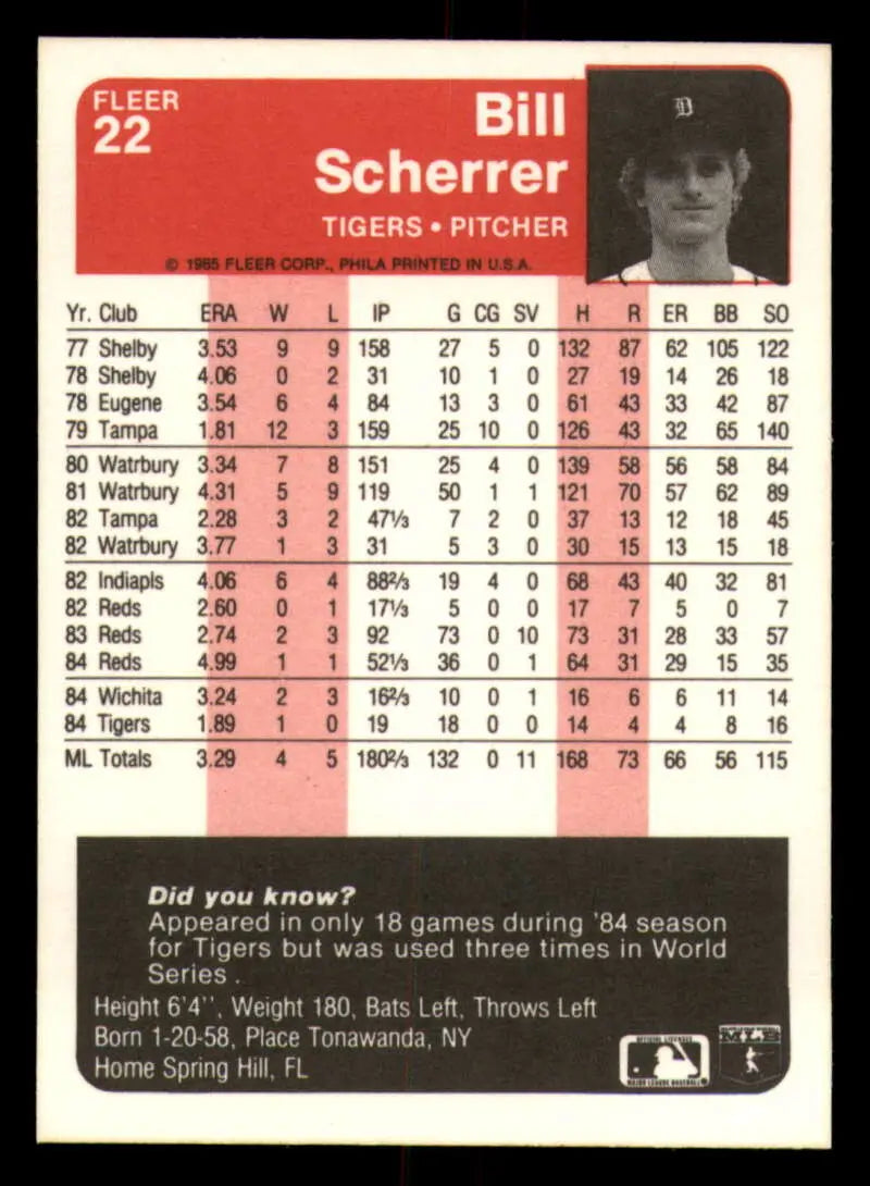 1985 Fleer #22 Bill Scherrer EX Excellent Detroit Tigers Baseball Card - Baseball Card Single