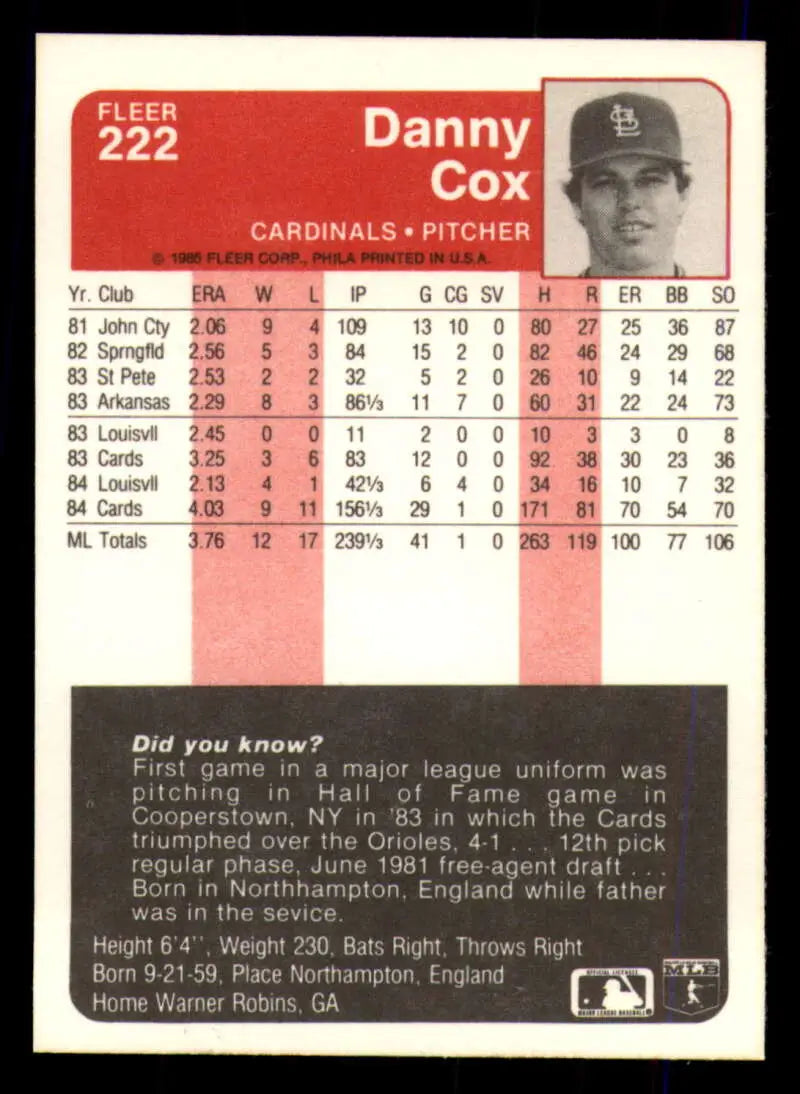 1985 Fleer #222 Danny Cox EX Excellent St. Louis Cardinals Baseball Card
