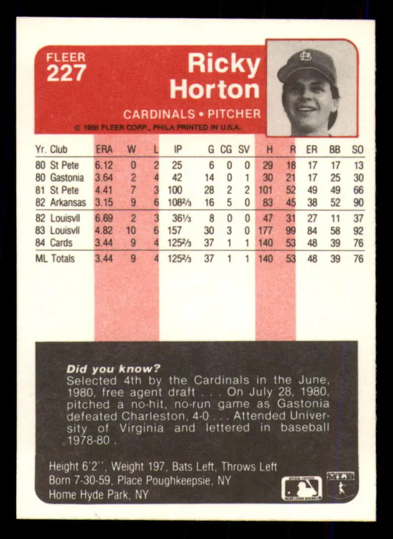 1985 Fleer #227 Ricky Horton EX Excellent RC Rookie St. Louis Cardinals Baseball Card - Baseball Card Single