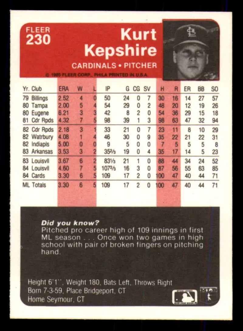 1985 Fleer #230 Kurt Kepshire EX Excellent RC Rookie St. Louis Cardinals Baseball Card - Baseball Card Single