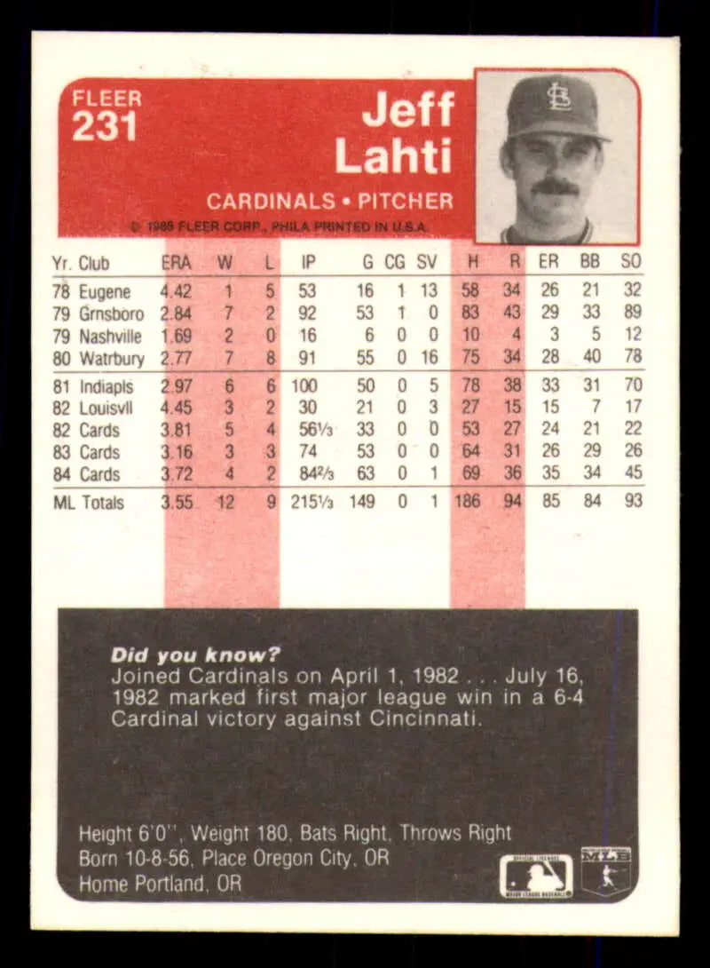 1985 Fleer #231 Jeff Lahti EX Excellent St. Louis Cardinals Baseball Card - Baseball Card Single
