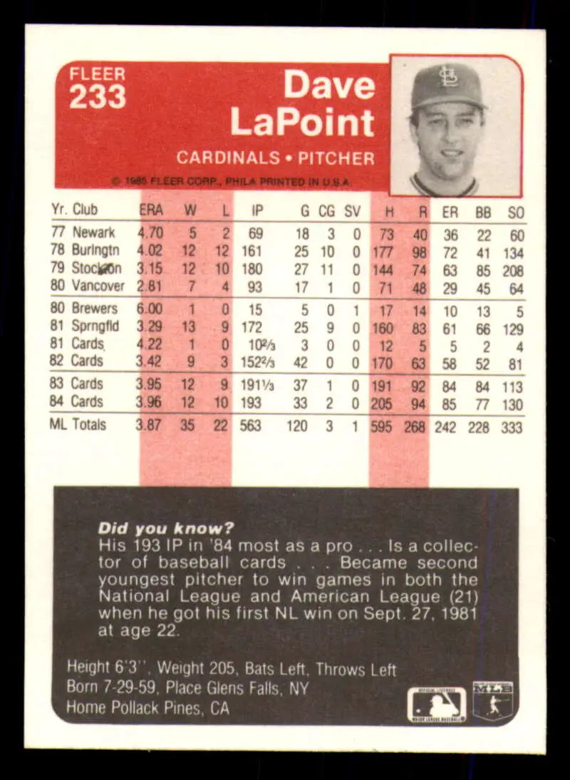 1985 Fleer #233 Dave LaPoint EX Excellent St. Louis Cardinals Baseball Card - Baseball Card Single