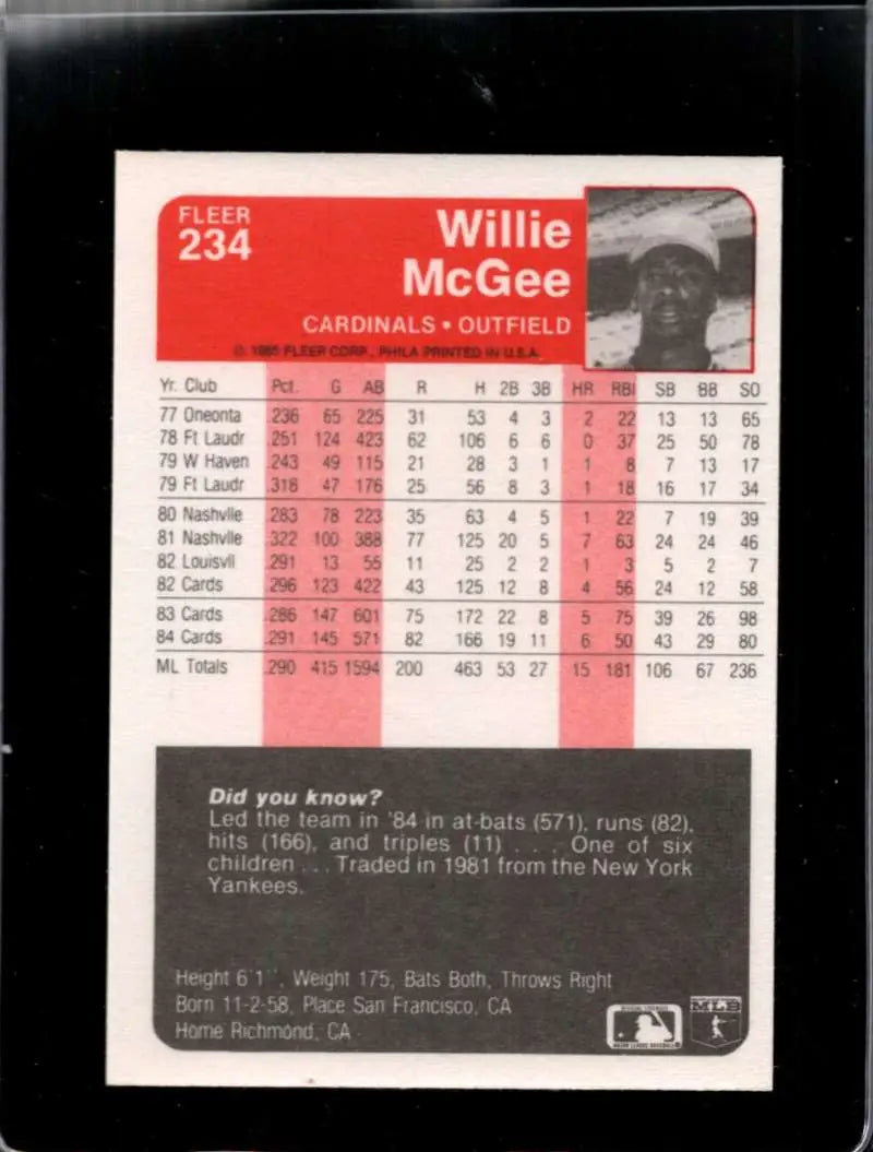 1985 Fleer #234 Willie McGee EX Excellent St. Louis Cardinals Baseball Card - Baseball Card Single