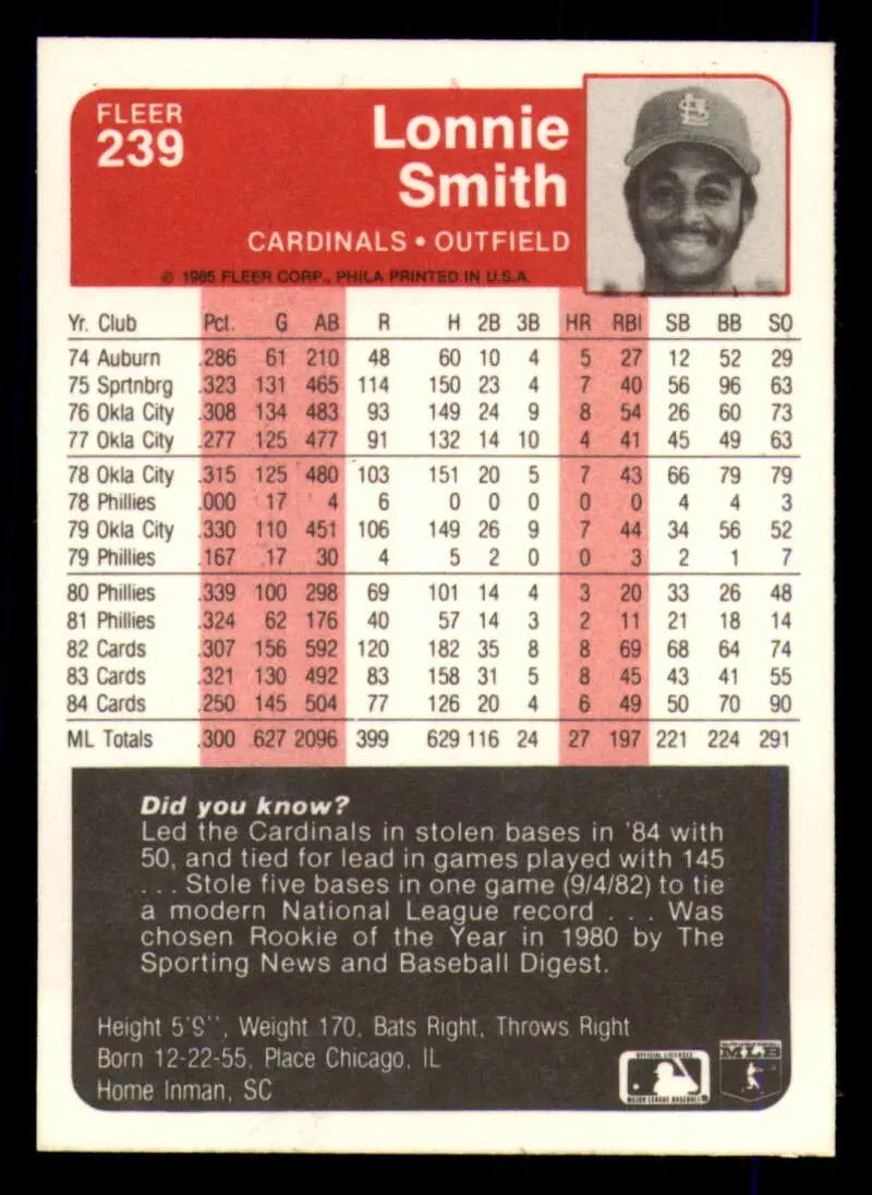 1985 Fleer #239 Lonnie Smith EX Excellent St. Louis Cardinals Baseball Card - Baseball Card Single