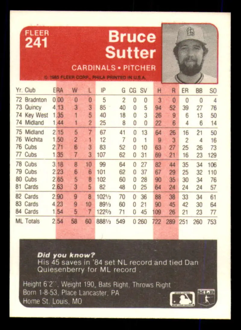 1985 Fleer #241 Bruce Sutter EX Excellent St. Louis Cardinals Baseball Card - Baseball Card Single