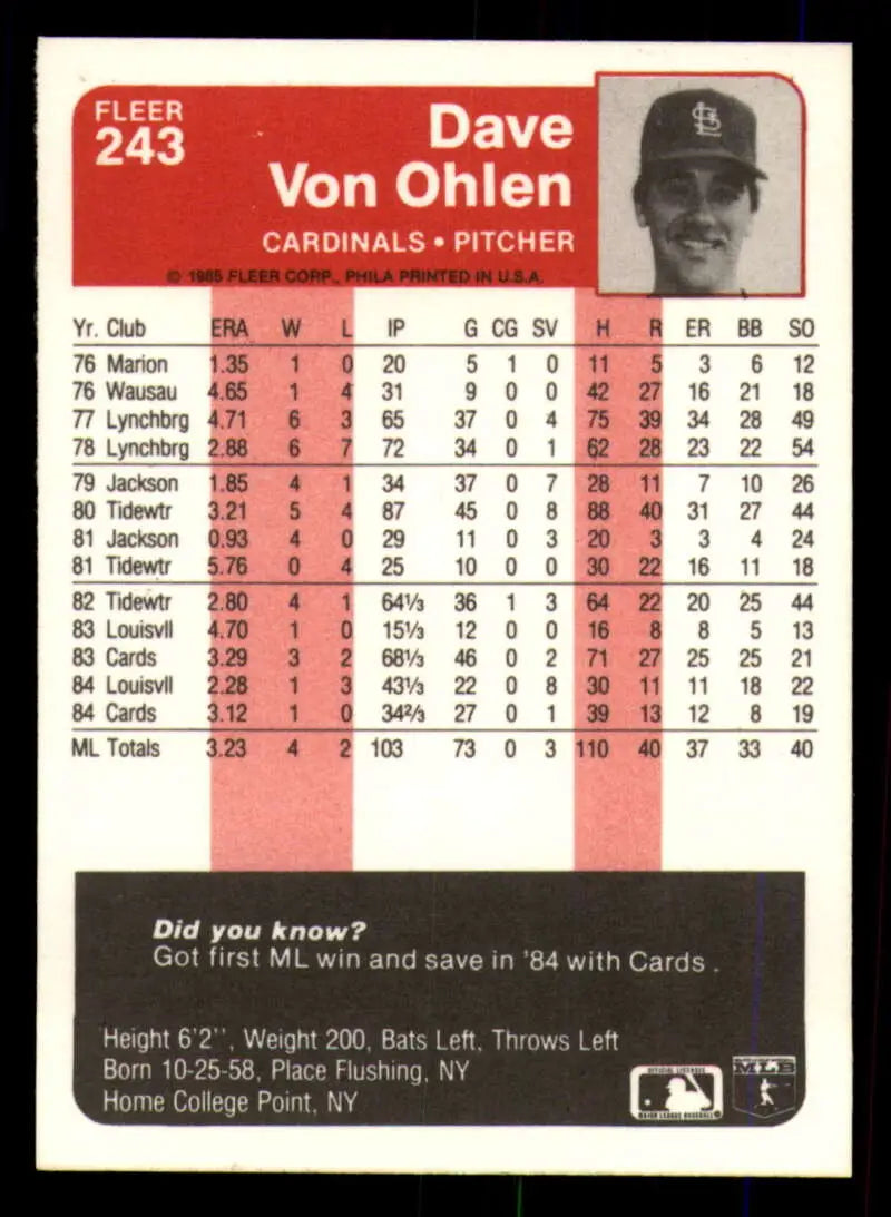 1985 Fleer #243 Dave Von Ohlen EX Excellent St. Louis Cardinals Baseball Card - Baseball Card Single