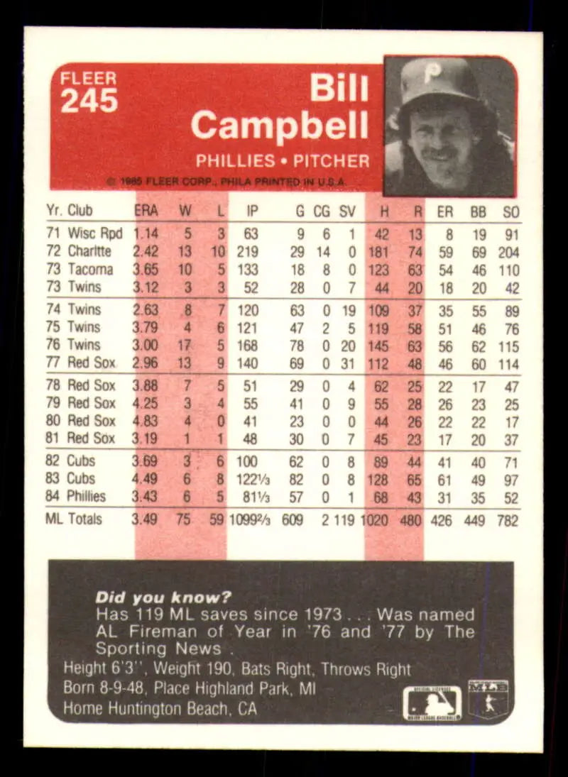 1985 Fleer #245 Bill Campbell EX Excellent Philadelphia Phillies Baseball Card - Baseball Card Single