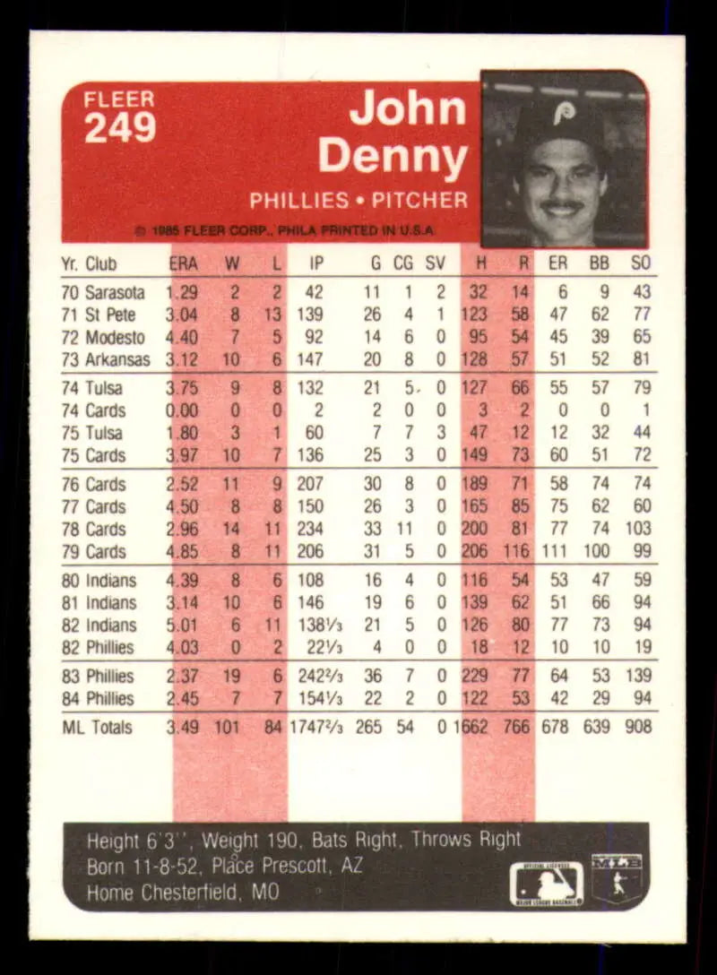 1985 Fleer #249 John Denny EX Excellent Philadelphia Phillies Baseball Card - Baseball Card Single