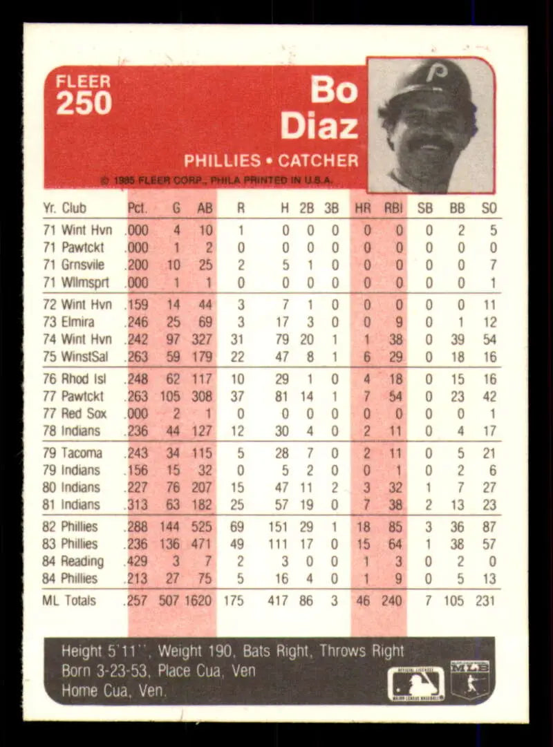 1985 Fleer #250 Bo Diaz EX Excellent Philadelphia Phillies Baseball Card - Baseball Card Single
