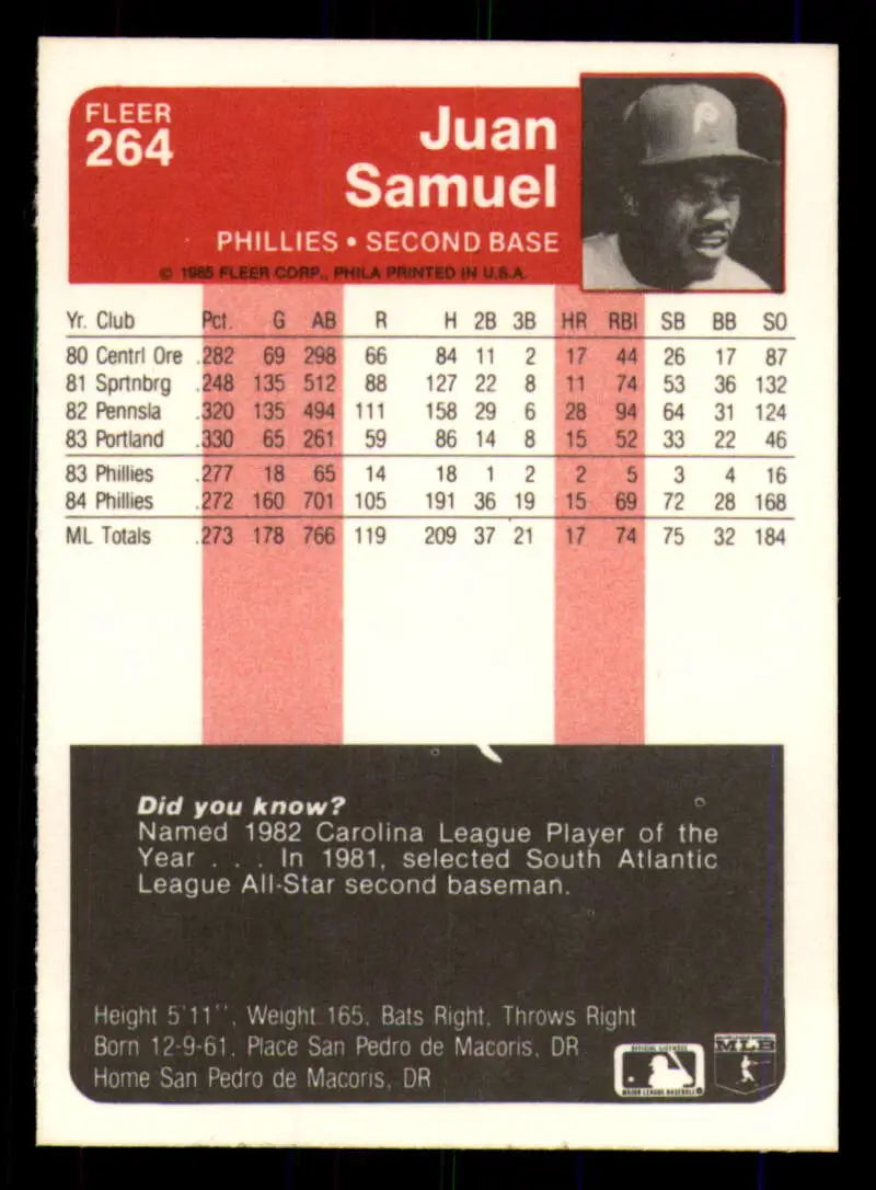 1985 Fleer #264 Juan Samuel EX Excellent Philadelphia Phillies Baseball Card - Baseball Card Single