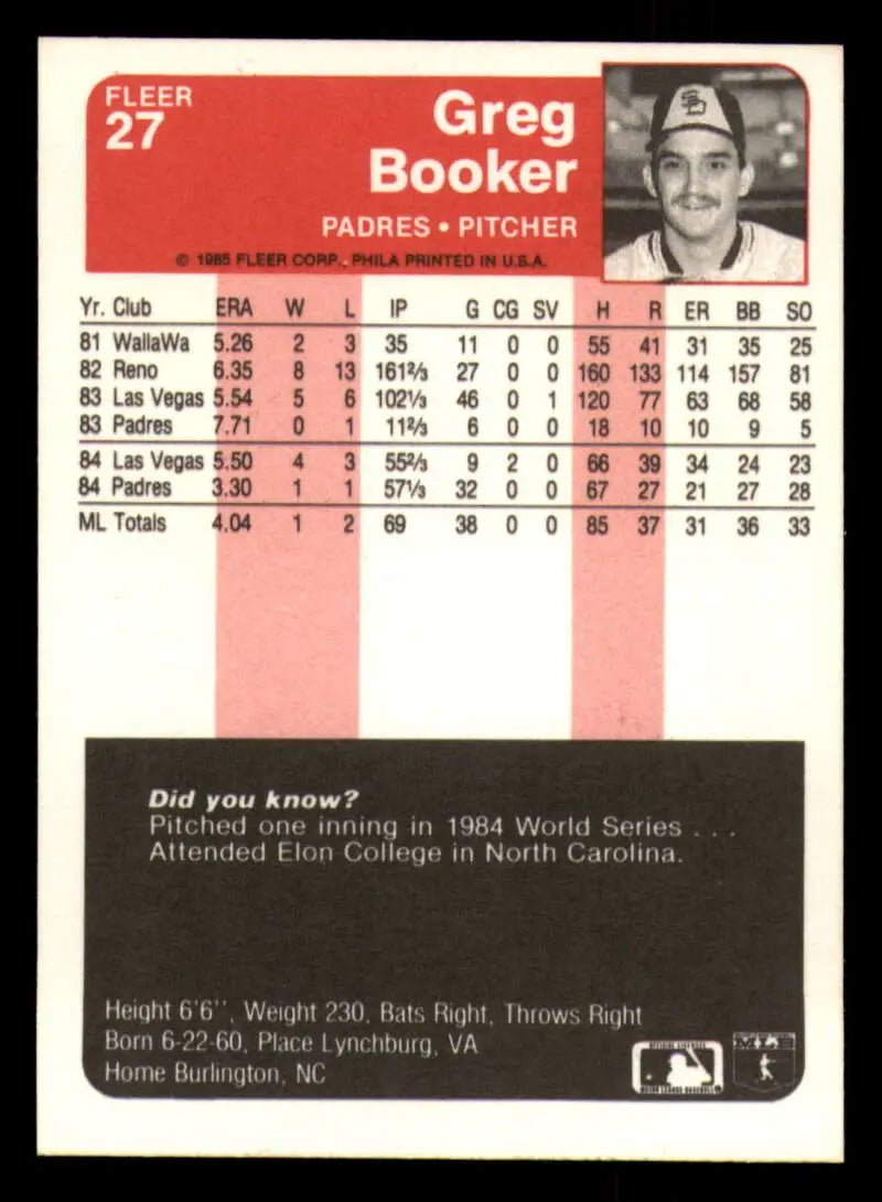 1985 Fleer #27 Greg Booker EX Excellent RC Rookie San Diego Padres Baseball Card - Baseball Card Single