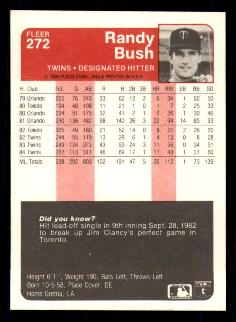 1985 Fleer #272 Randy Bush EX Excellent Minnesota Twins Baseball Card - Baseball Card Single