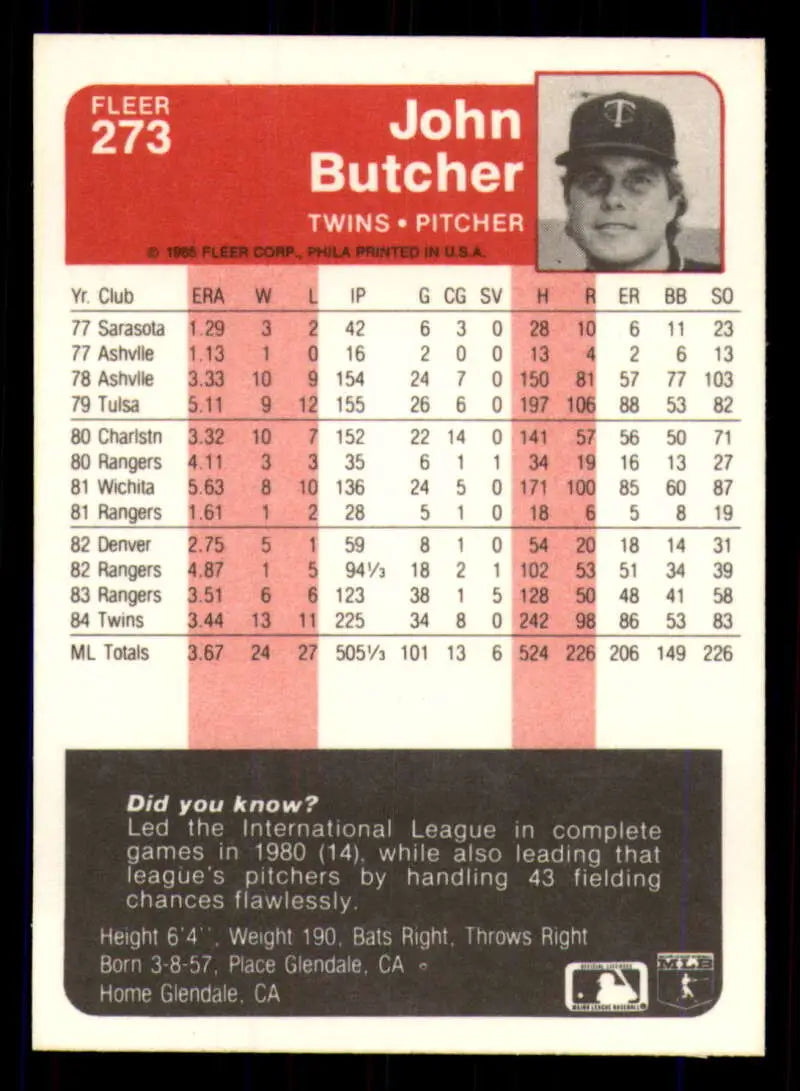 1985 Fleer #273 John Butcher EX Excellent Minnesota Twins Baseball Card - Baseball Card Single