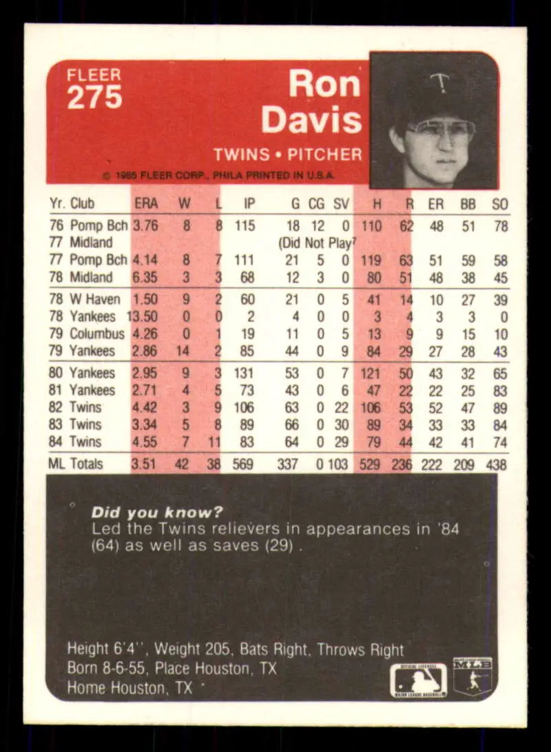 1985 Fleer #275 Ron Davis EX Excellent Minnesota Twins Baseball Card - Baseball Card Single