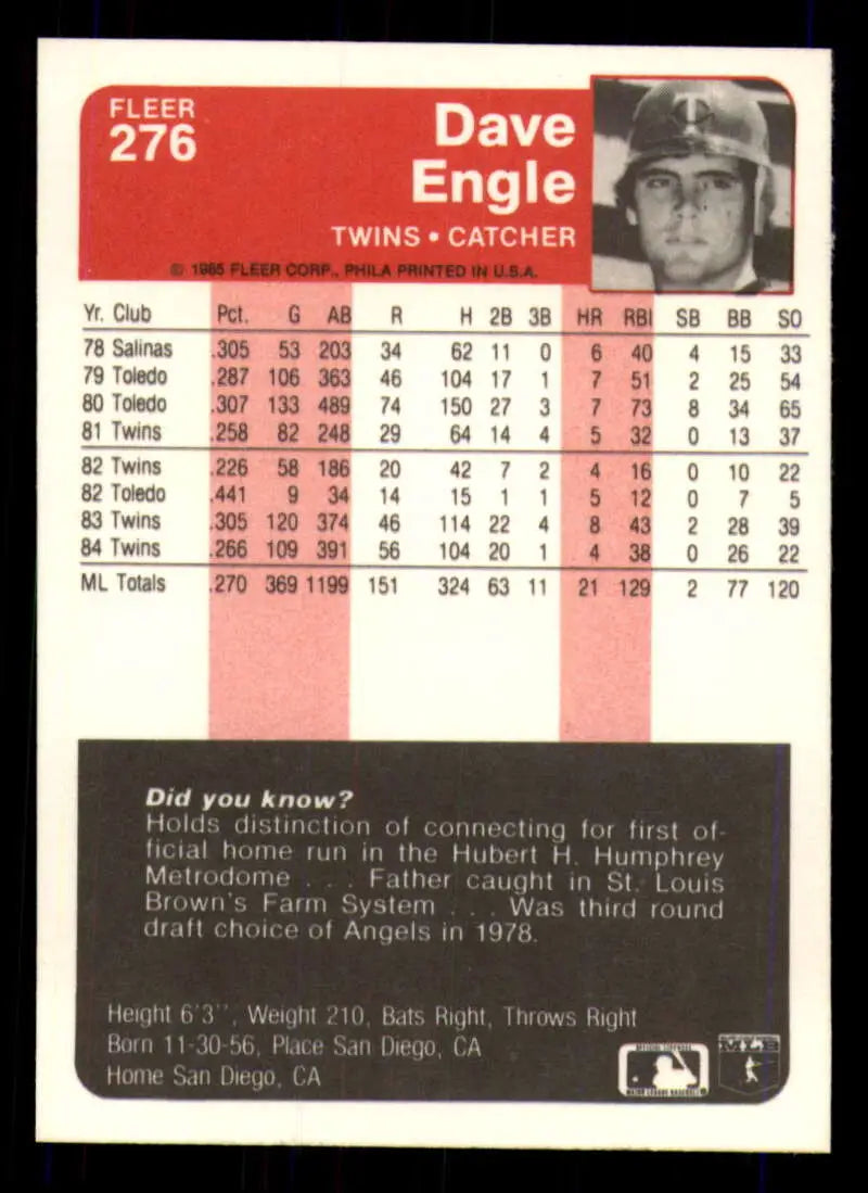 1985 Fleer #276 Dave Engle EX Excellent Minnesota Twins Baseball Card - Baseball Card Single