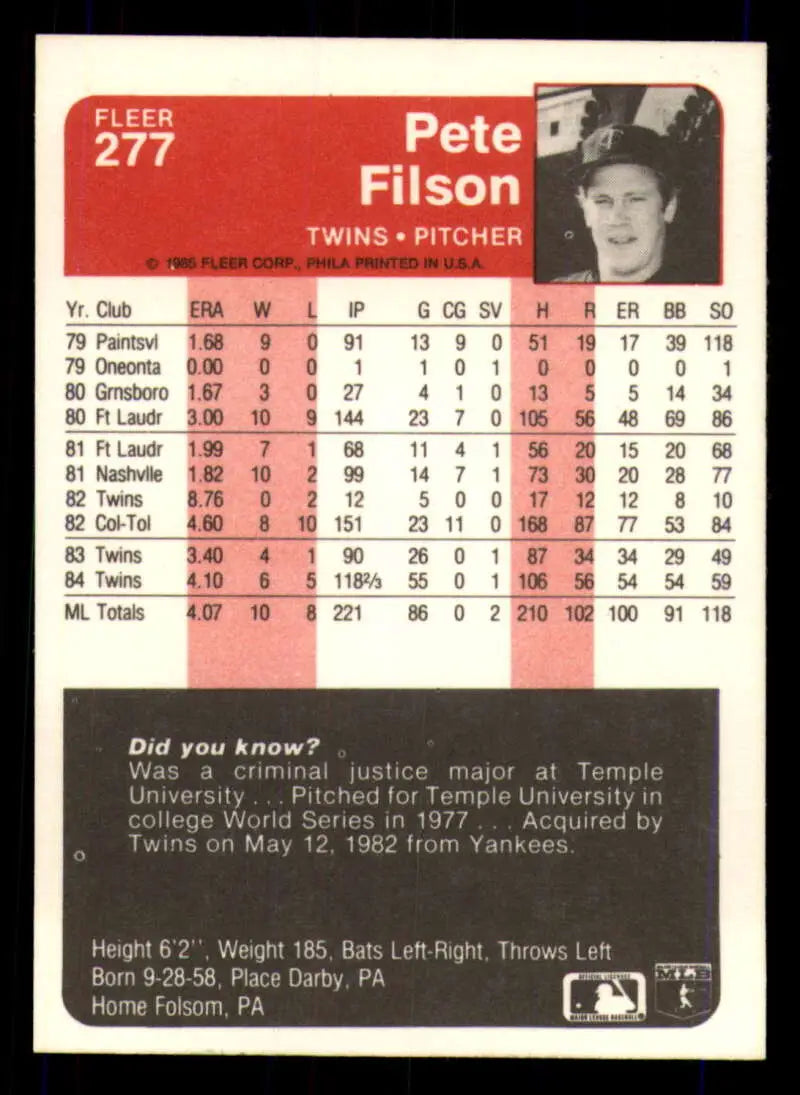 1985 Fleer #277 Pete Filson EX Excellent Minnesota Twins Baseball Card - Baseball Card Single
