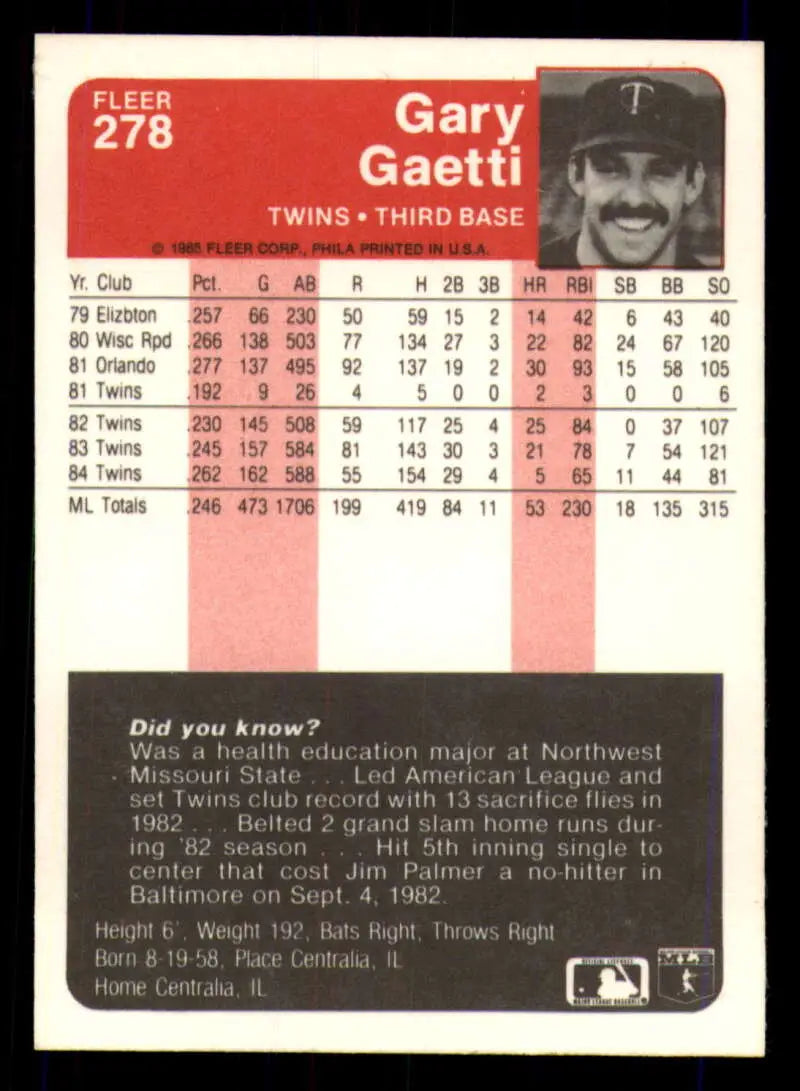 1985 Fleer #278 Gary Gaetti EX Excellent Minnesota Twins Baseball Card - Baseball Card Single